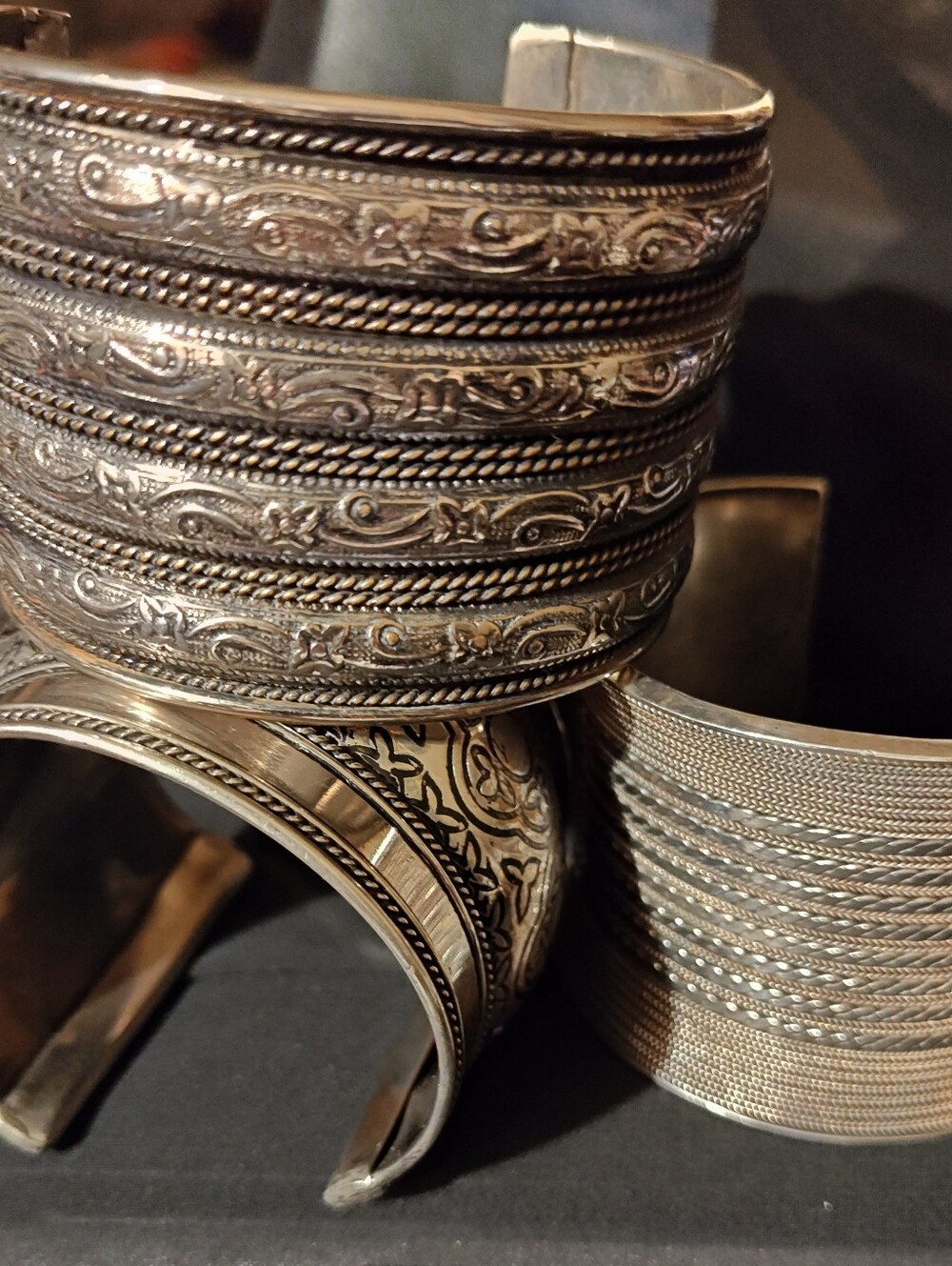 Silver-Tone Etched Wide Cuff Bracelet - Elegant Women's Accessory